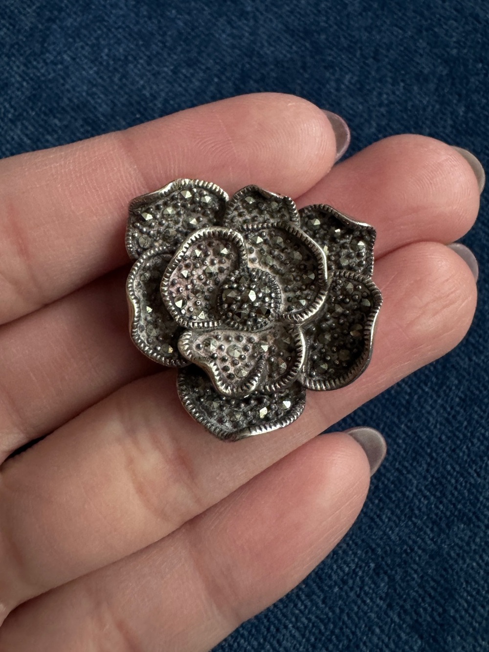 Vintage 925 Sterling Silver Marcasite Flower Pendant